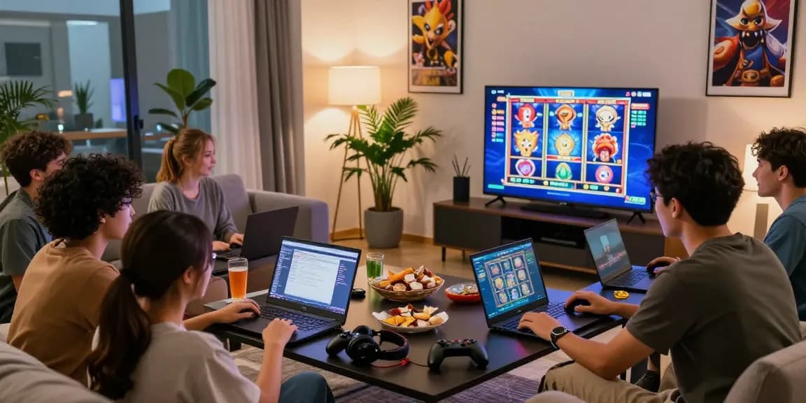 Friends enjoying slot games in a cozy living room setting, showcasing excitement and gaming camaraderie.
