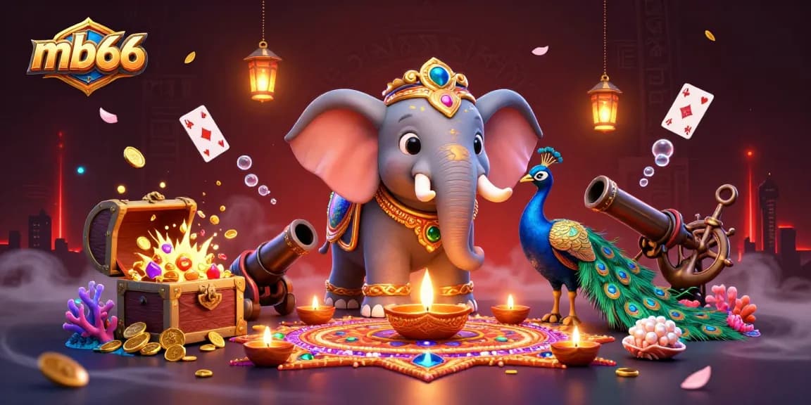 Engage with mb66 in a vibrant 3D casino scene featuring a golden elephant, peacock, and ocean treasures.