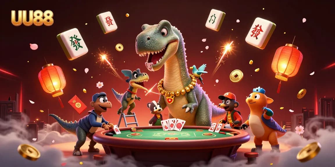 Engage with an immersive UU88 casino scene featuring a brontosaurus and raptor dealer.