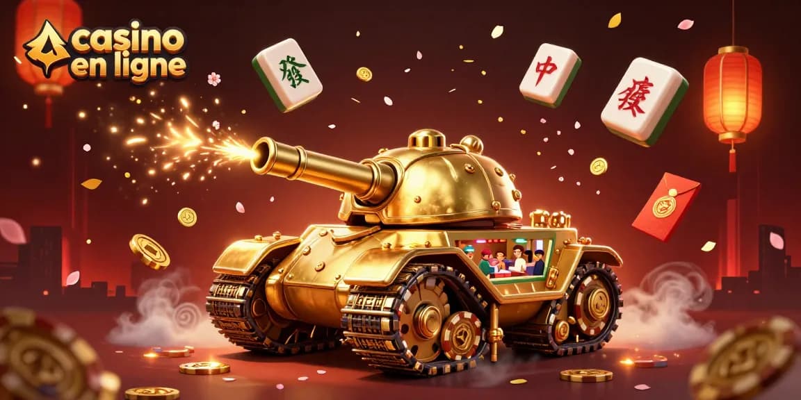 Vivez l'excitation du casino en ligne avec cette illustration dynamique représentant un tank doré révélant un mini casino rempli de jeux.