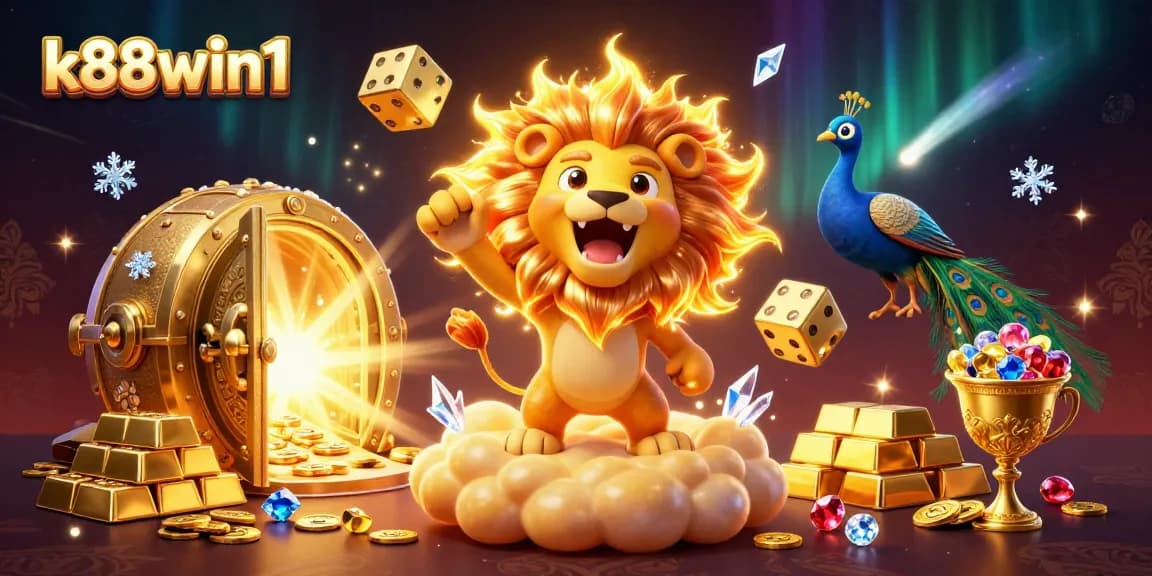 Experience the vibrant world of k88win1 with a 3D casino-themed artwork featuring treasures and characters.