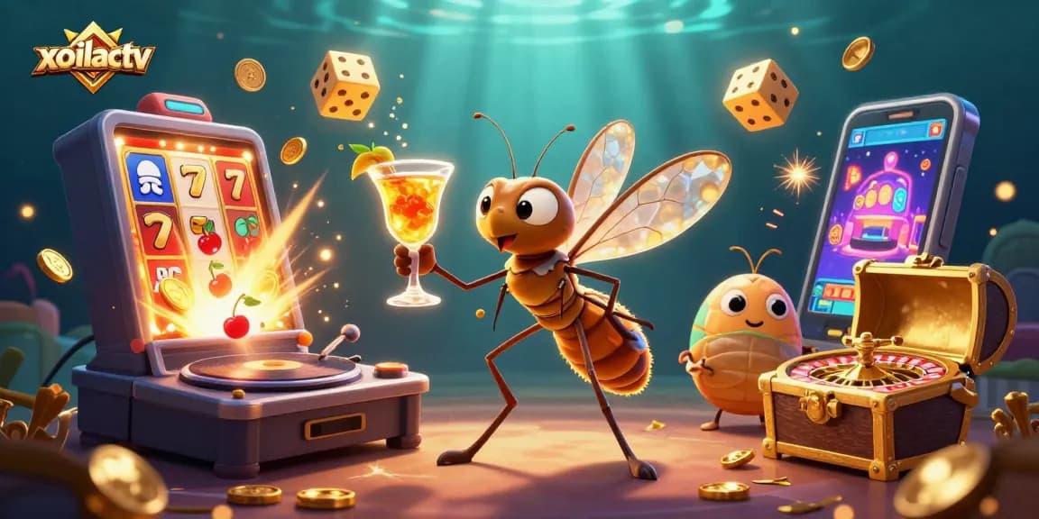 Xoilactv captures dynamic casino action with a frozen mosquito mascot and festive elements.