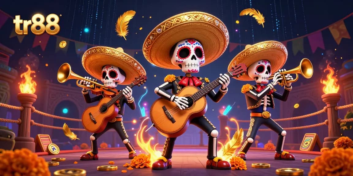Players experience thrilling gameplay with tr88, featuring vibrant Dia de los Muertos mariachi skeletons and casino elements.