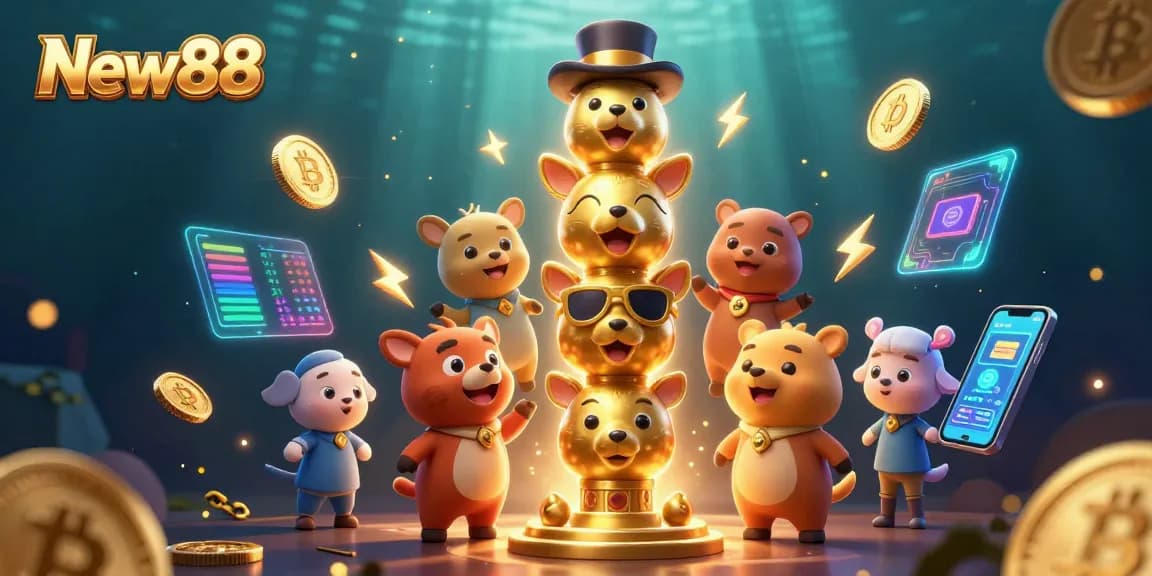 Experience the dynamic world of New88 with vibrant casino-themed elements and golden totem figures.