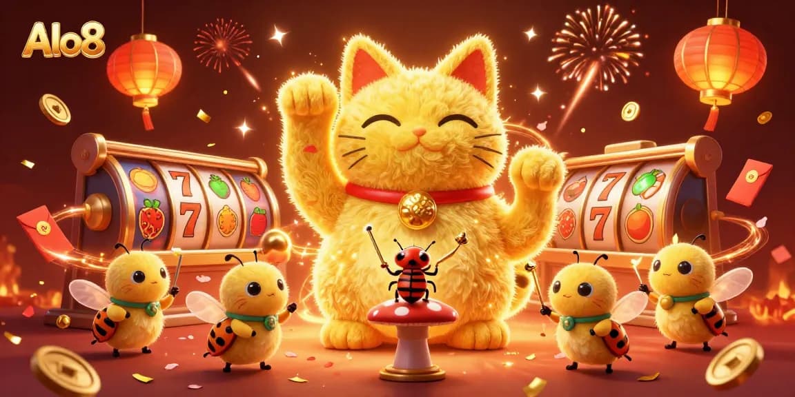 Alo8's lucky cat illustration surrounded by buzzing casino symbols, creating a vibrant gaming celebration.
