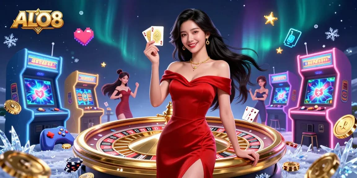 Experience thrilling online gaming at ALO8 with vibrant characters and casino elements captivating players