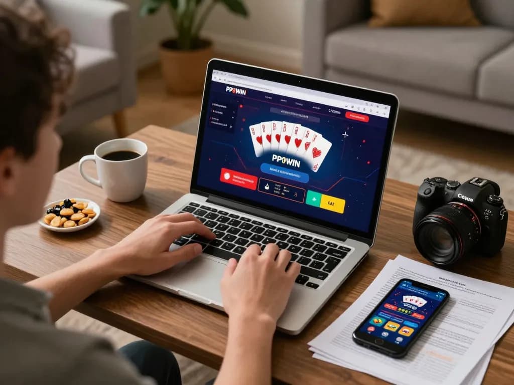 PP9Win Register process illustrated on a laptop screen, showcasing an engaging online gaming session with strategic notes nearby.
