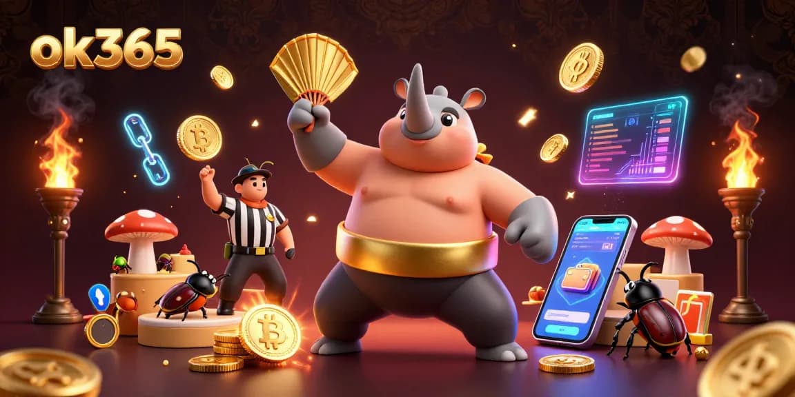 Experience thrilling action at ok365 as the sumo beetle champion stomps flying coins in a vibrant casino.