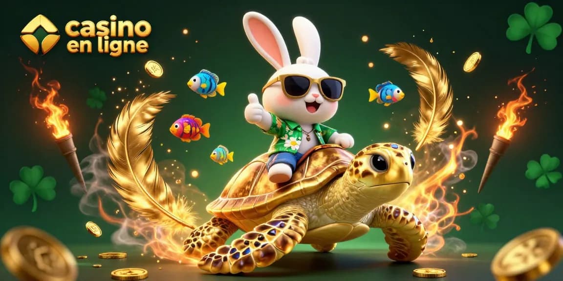 Participez à des jeux captivants sur un casino en ligne, avec un lapin porte-bonheur et une tortue dorée.