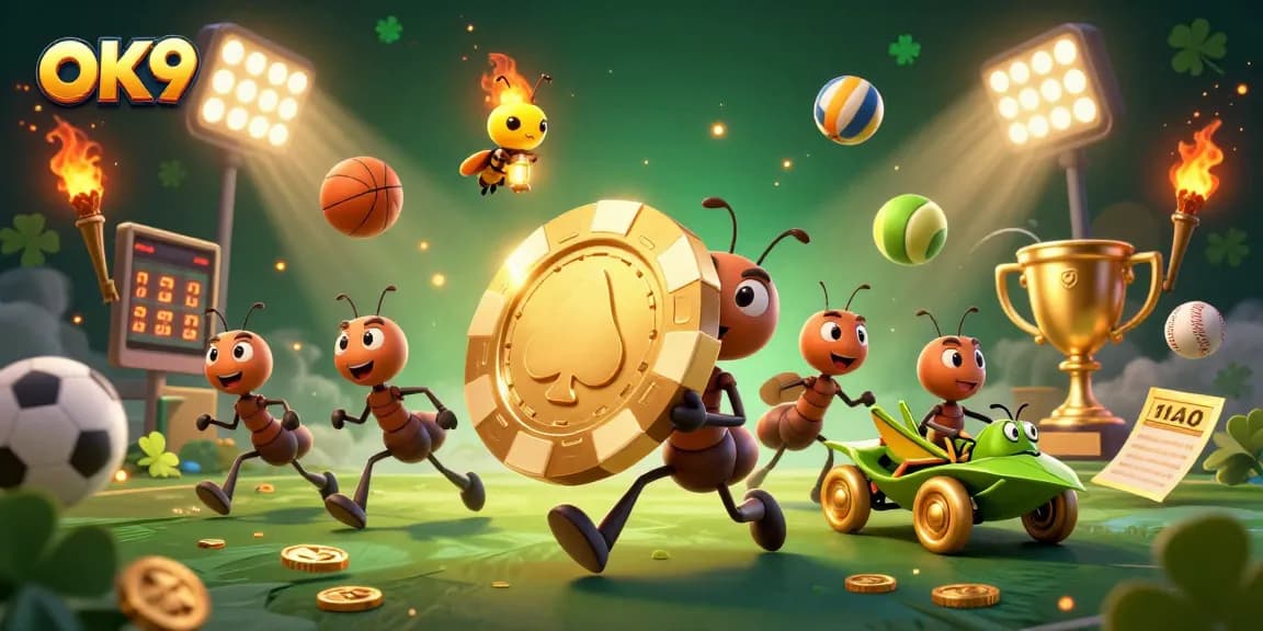 Engage with OK9 as playful ants conduct a heist for a massive golden poker chip amidst dynamic sports elements.