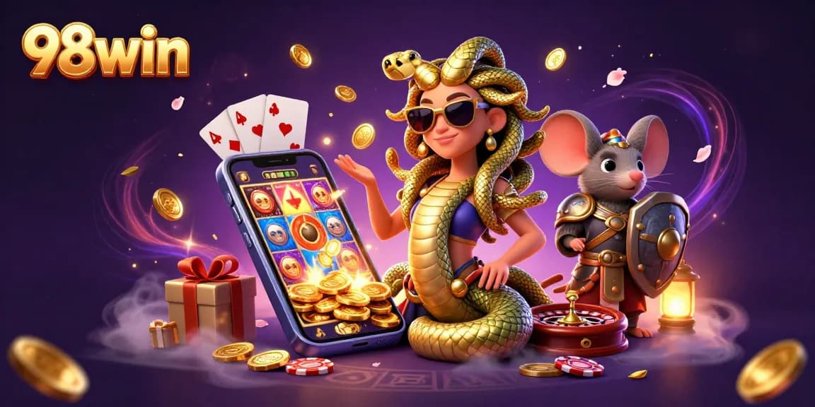 Experience thrilling games at 98win with a vibrant 3D casino scene showcasing excitement and adventure.