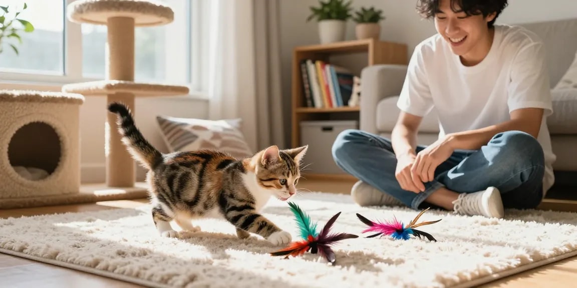 Engaging moment with a kitten playing with toys, highlighting Cleocatra no Brasil pet joy.