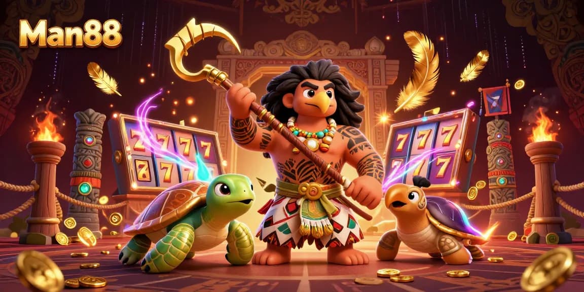 Experience thrilling wins with Man88's vibrant casino excitement featuring a Polynesian demigod scene.