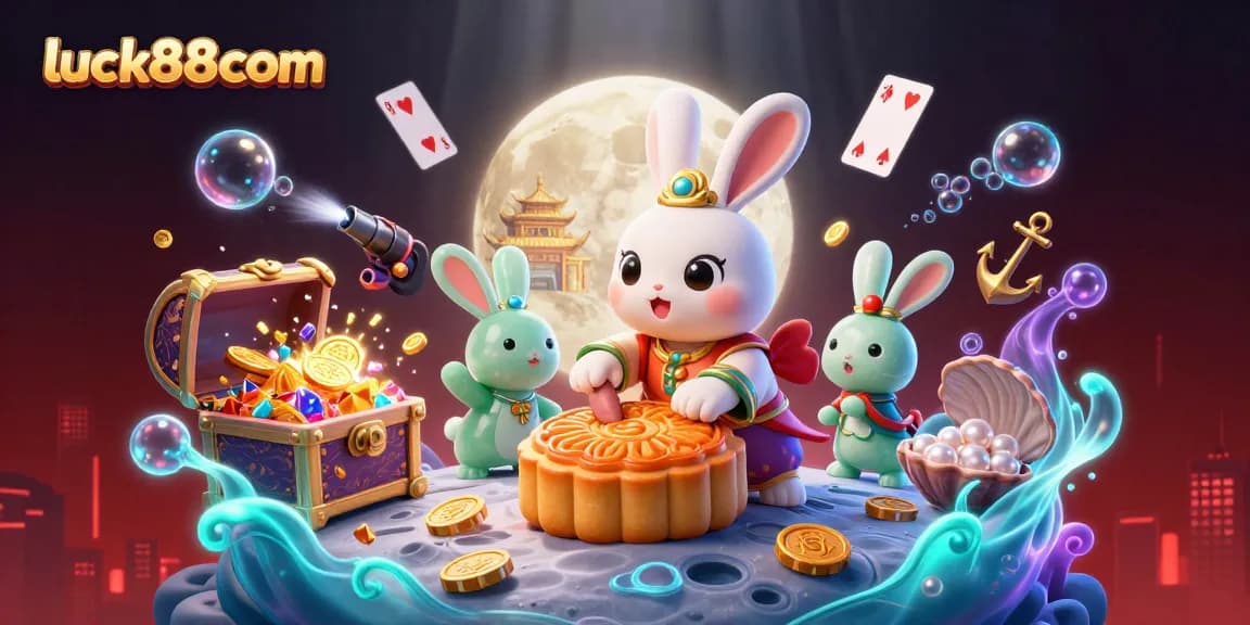 Engage with luck88com in a colorful, dynamic 3D casino scene featuring rich game elements.