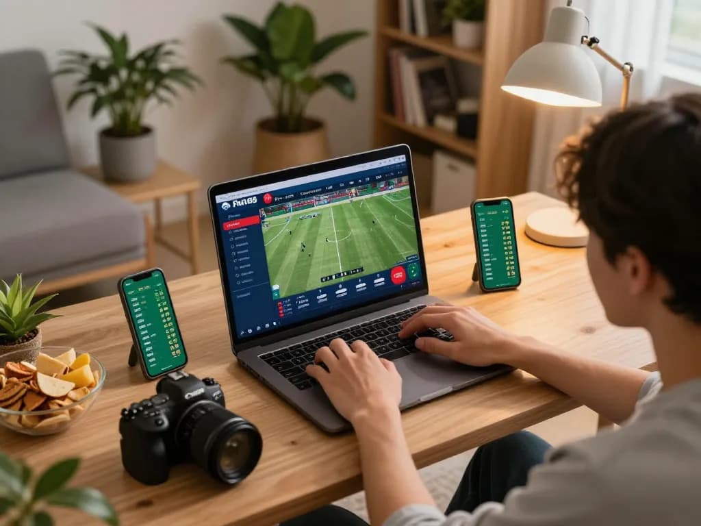 Engaging in online betting with fun88, showing a vibrant home setup and sports betting excitement.