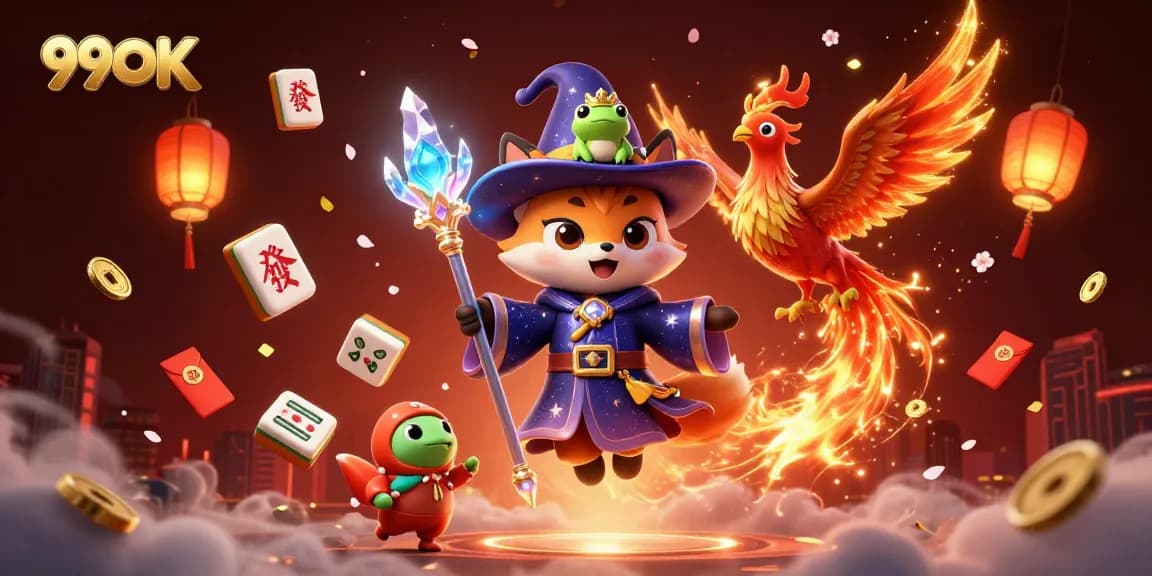 Experience the magic of 99OK with wizardry and vibrant casino elements in this dynamic casino illustration.