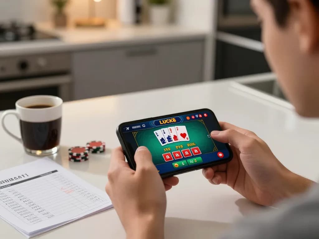 Trải nghiệm chơi LUCK8 hấp dẫn trên smartphone trong một phiên casino tại nhà với blackjack.