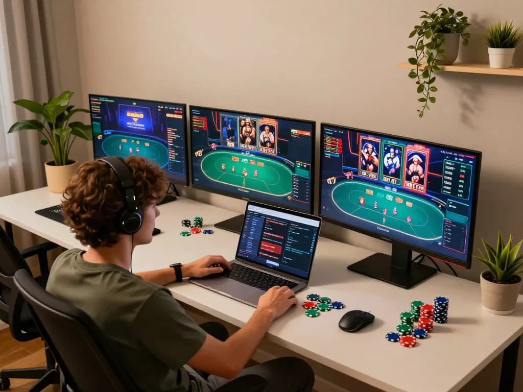 Player engaging in online poker on multiple screens at home, highlighting the rokok88 gaming experience and strategic gameplay