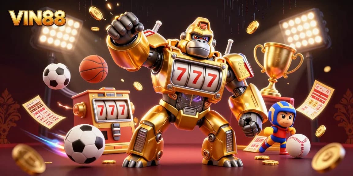 Spin to win at VIN88 with dynamic sports and casino elements exploding around a golden gorilla mech.