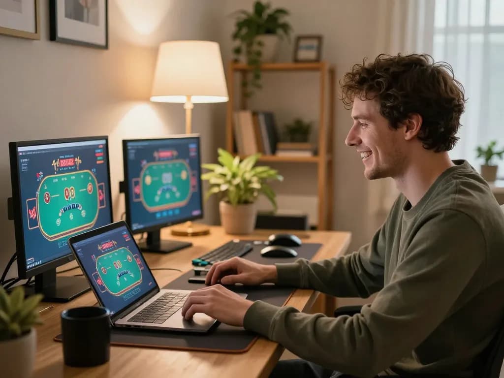 MM88 player strategizing during an online casino session at home, engaging with vibrant poker interface.