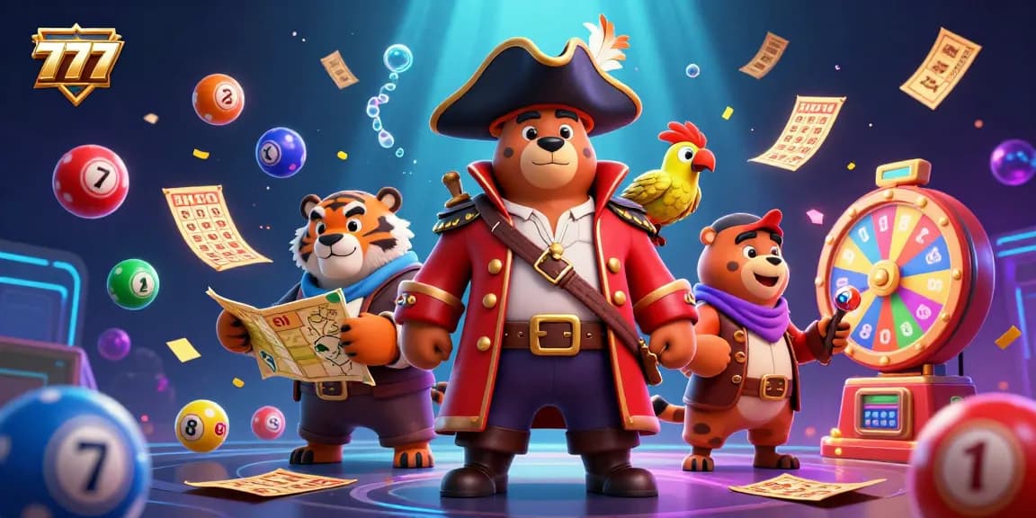 Try your luck with 777 winning themes portrayed by a pirate bear and friends in a vibrant casino scene.
