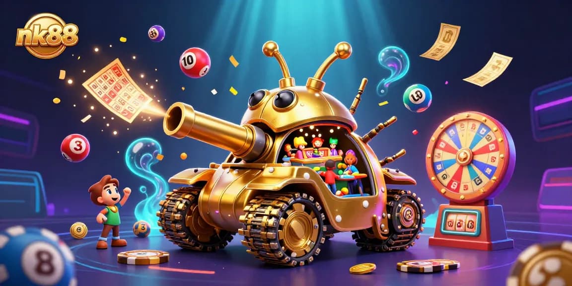 Experience nk88's thrilling gaming action with a golden beetle tank casino bursting with confetti and excitement.