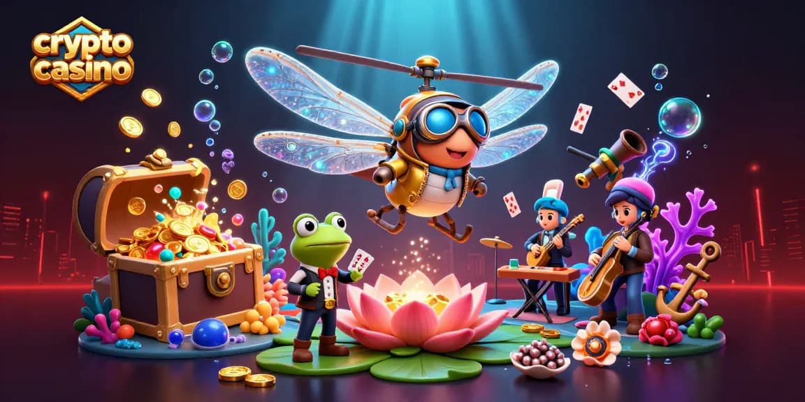Jouez dans un crypto casino animé avec des personnages fantastiques au sein d'une scène riche en couleurs et en actions.