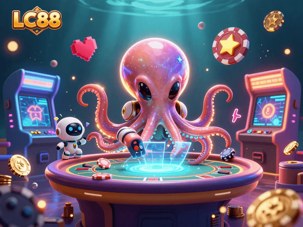 Experience thrilling gaming with LC88, featuring a lively alien octopus at a holographic poker table.