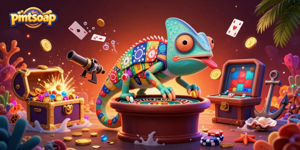Experience captivating games at pmtsoap's casino, featuring an exciting chameleon owner and plenty of gold coins.