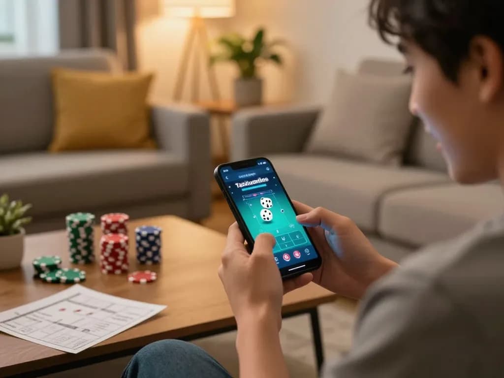Player engaged with taixiuonline app in a cozy living room, showcasing dynamic online gameplay.