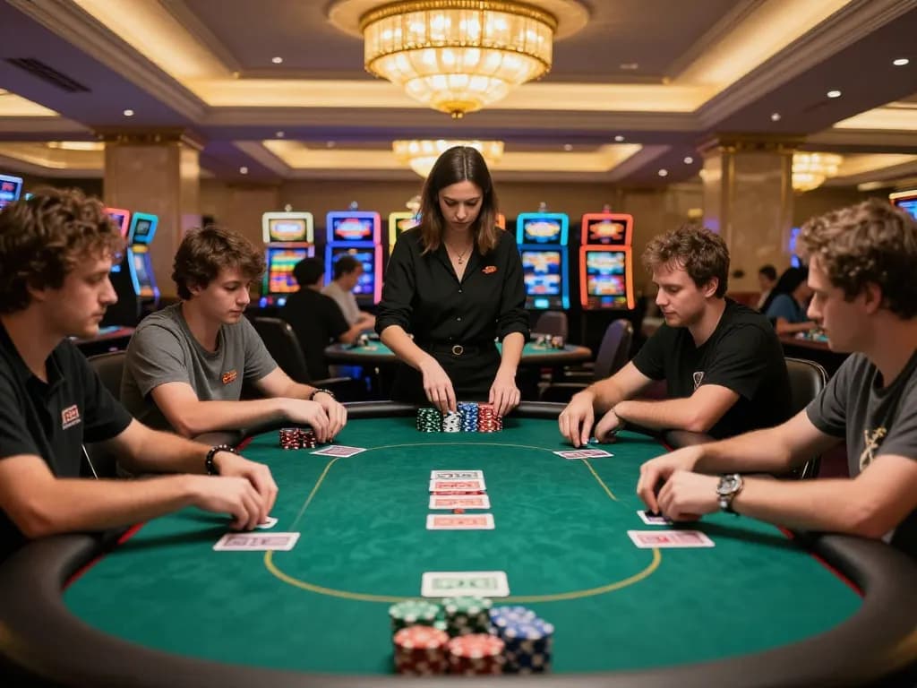 Players strategizing at a TR88 poker table in a vibrant casino, chips and cards visible in an upscale environment