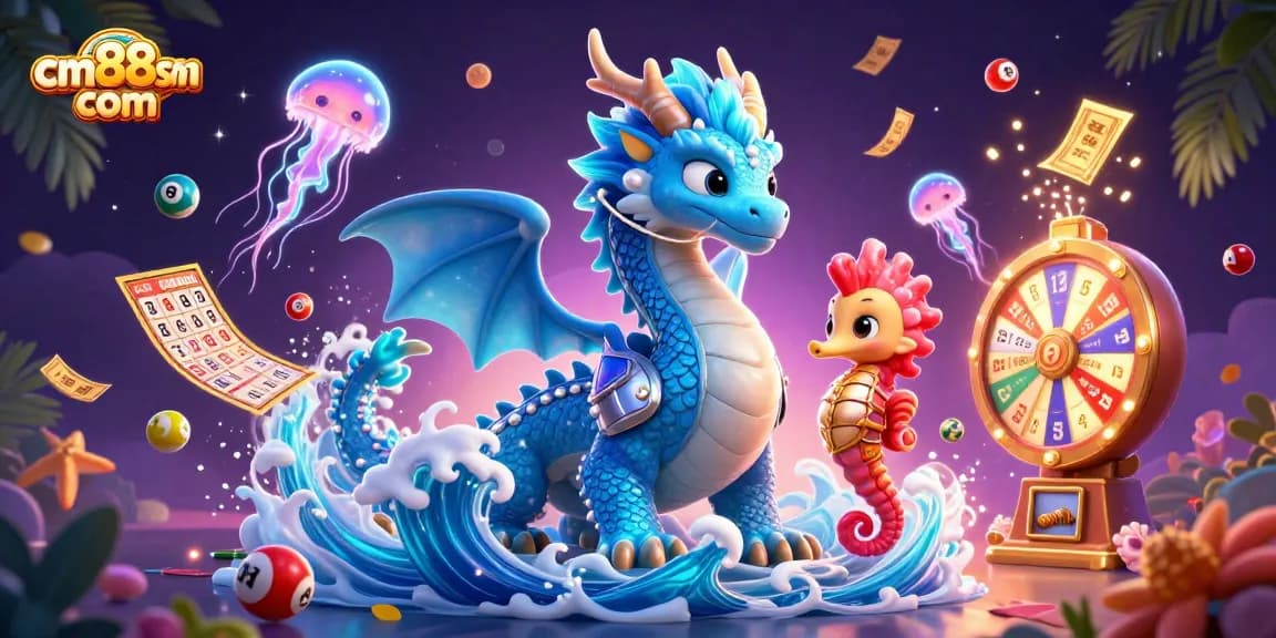 Experience thrilling games at cm88sm com with vibrant lottery elements and dynamic ocean-themed characters.