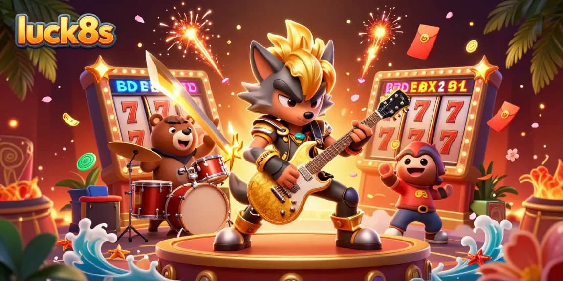 Engage in thrilling gameplay at luck8s with a vibrant casino scene featuring a rock star wolf and dynamic elements.