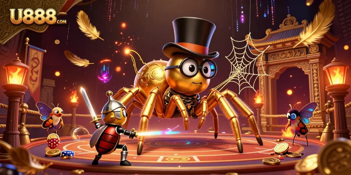 Experience winning with U888. COM's enticing gaming environment featuring a golden tarantula, beetle knight, and cosmic elements.