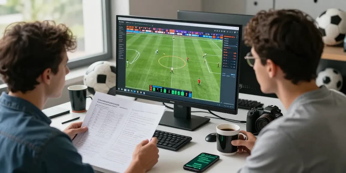 Analyst using data from soikeonhacai.com.co to evaluate football match statistics with a dynamic, energetic focus.