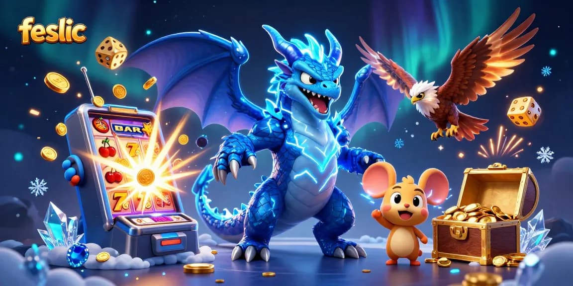 Experience the excitement with feslic's dynamic casino scene featuring a jackpot explosion amidst captivating characters.