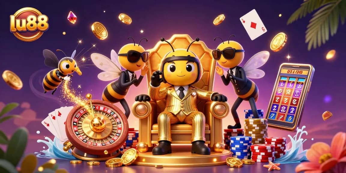 Win big with lu88 at a vibrant casino scene featuring a cartoon bumblebee mob boss.