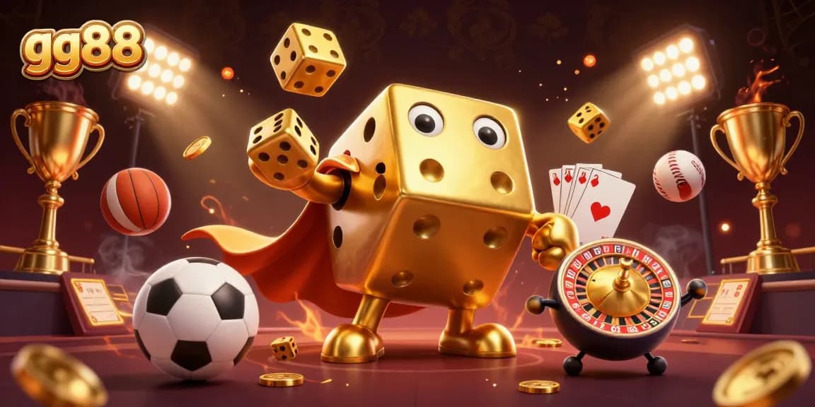 Engage with GG88's thrilling casino action featuring a dynamic 3D illustration of a golden dice golem.