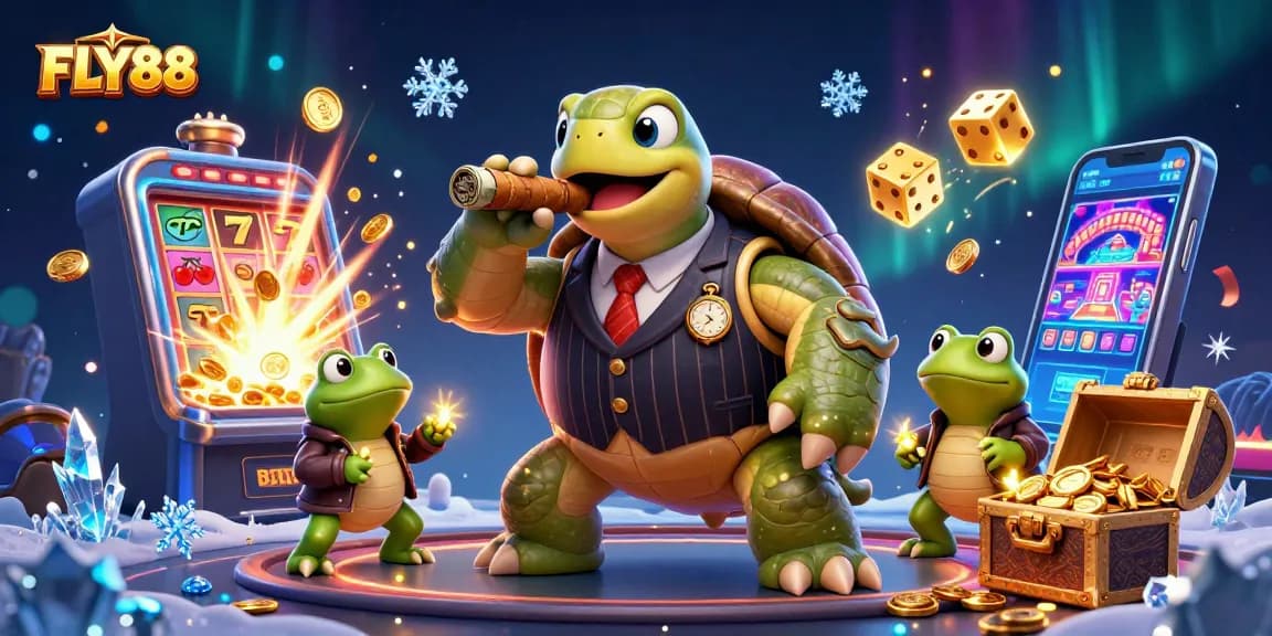 FLY88 immerses players in an exciting casino atmosphere around a charming snapping turtle and bullfrog enforcers.