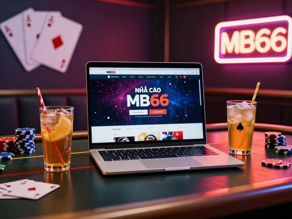 Engaging online gaming setup at nhà cái mb66 with vibrant casino decor and a laptop showcasing gameplay.