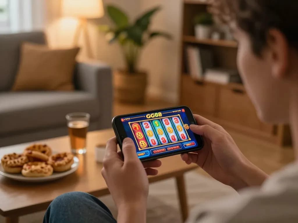 Enjoying GG88 vip gaming via smartphone in a cozy setting, experiencing thrilling slot gameplay