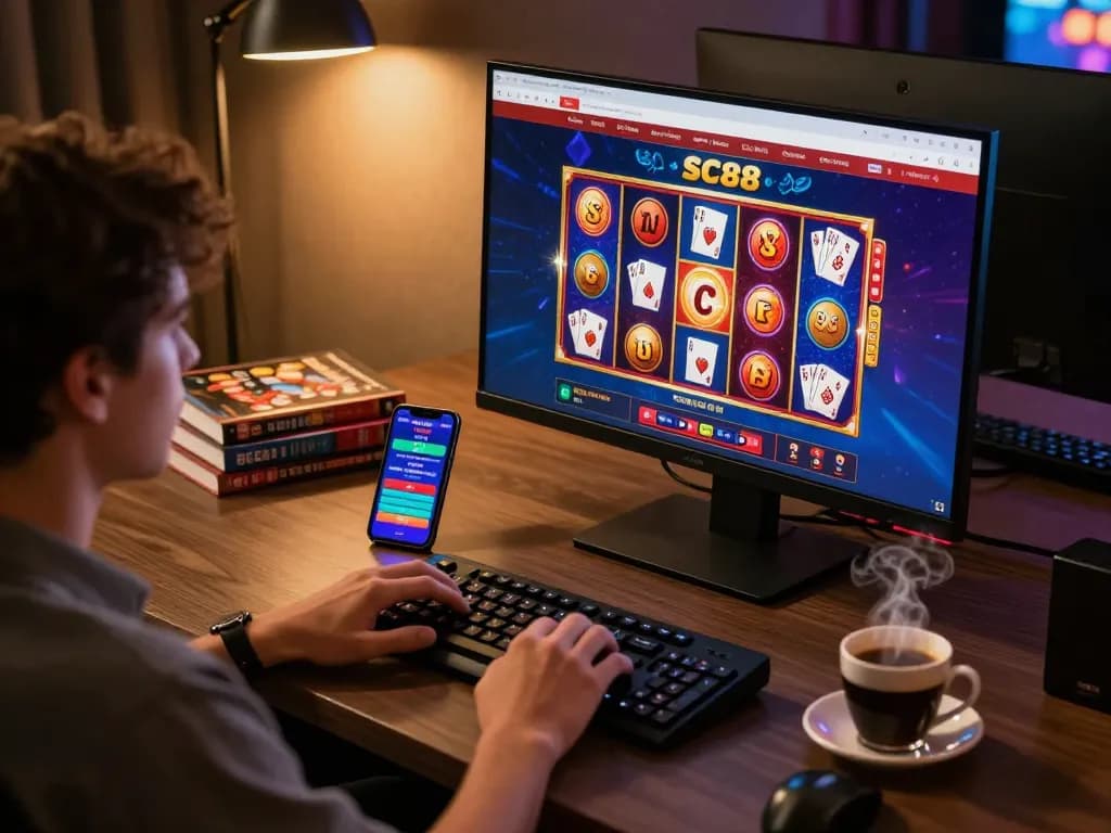 Engaging in SC88 online casino gaming with vibrant graphics and a cozy setup for strategic play.