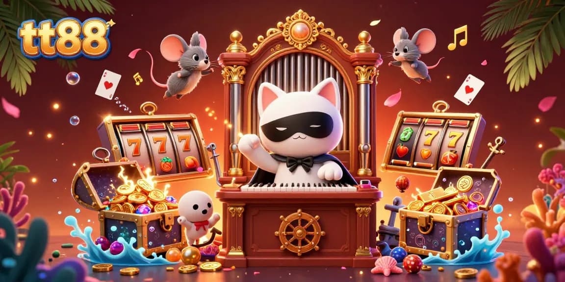 Experience thrilling fun at tt88 with a vibrant game scene showcasing slot reels, jackpot counters, and playful characters.