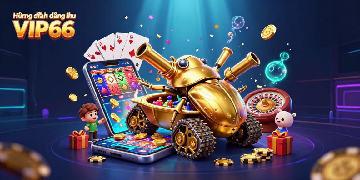 Access the Hướng dẫn đăng nhập VIP66 by navigating through a vibrant online casino scene filled with gaming elements.