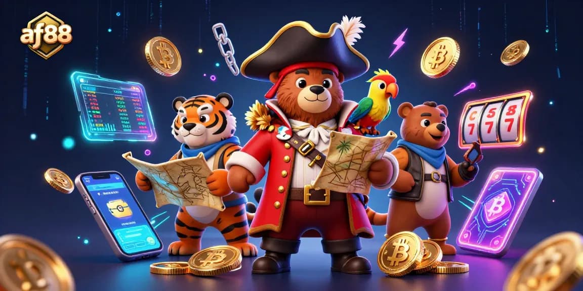 af88 pirate-themed casino scene with vibrant slot reels and digital currency elements