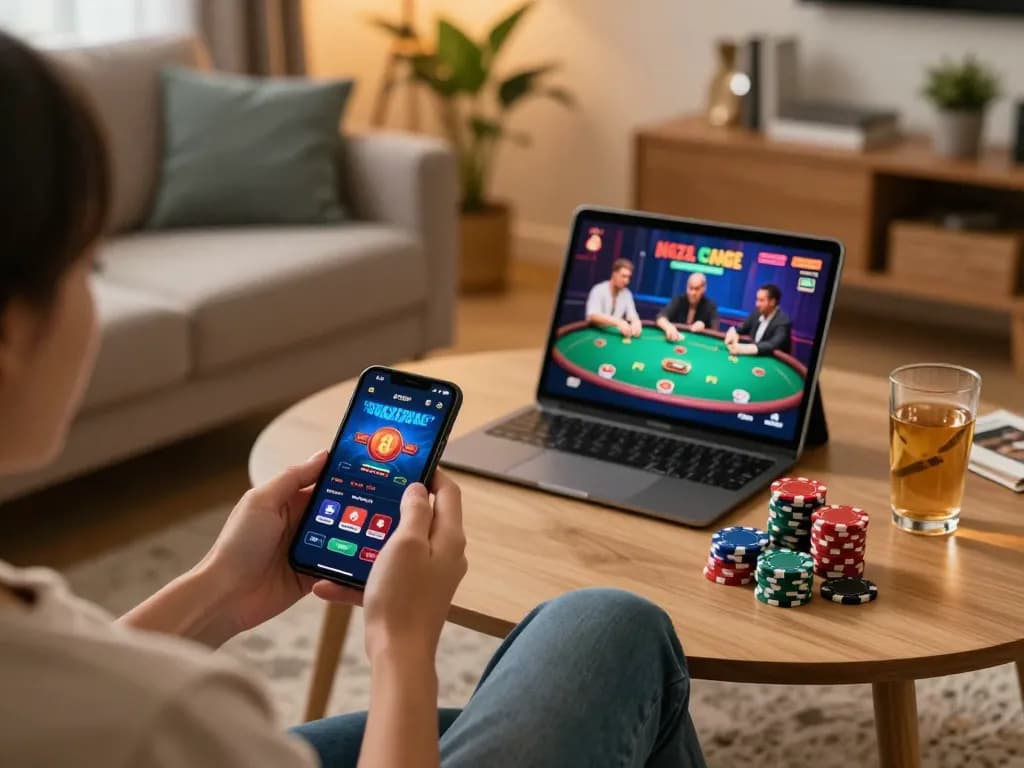 Player enjoying online gaming at home with O8 app on smartphone, surrounded by poker chips and warm atmosphere