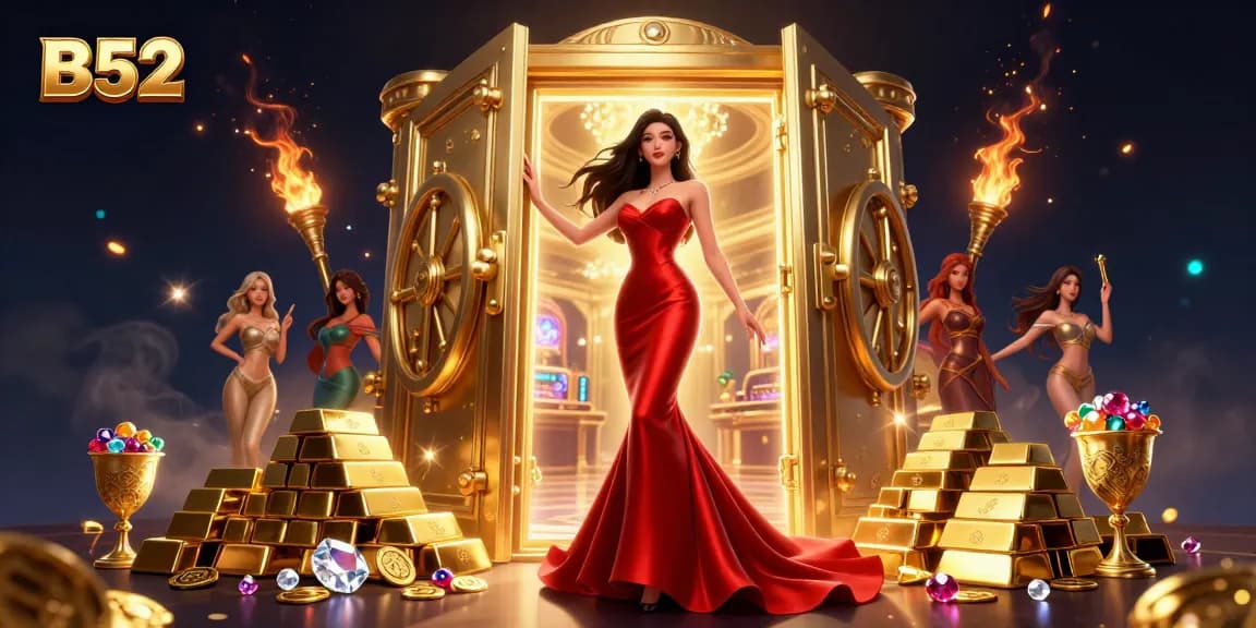 B52 jackpot scene with beautiful Asian woman in a luxurious casino environment, surrounded by treasures