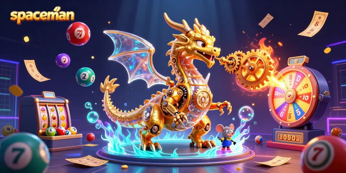 Win big with Spaceman as the golden dragon breathes cogs and gears, amidst colorful lottery action!