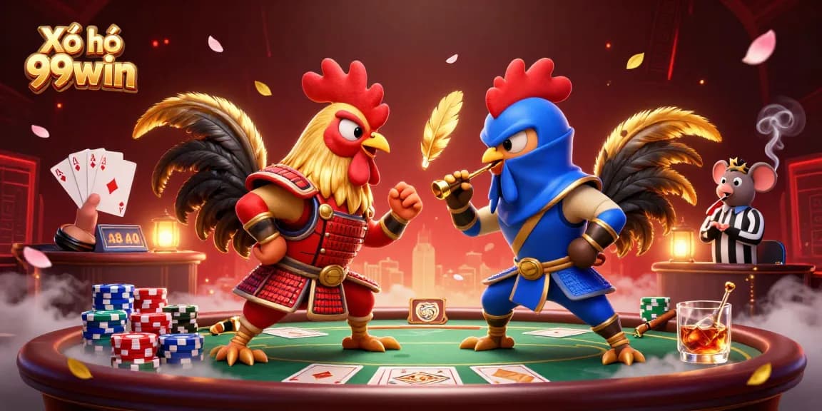Xổ số 99win gameplay with dramatic cartoon roosters and poker elements in a vibrant casino atmosphere.