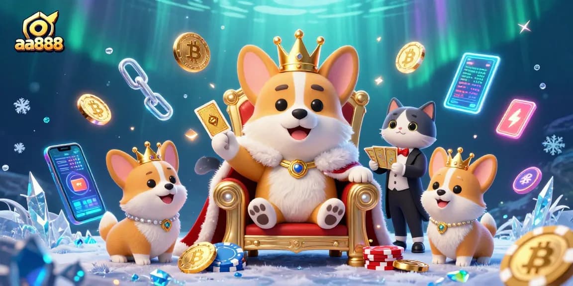 Experience thrilling gaming at aa888 with a 3D royal corgi on a poker chip throne.